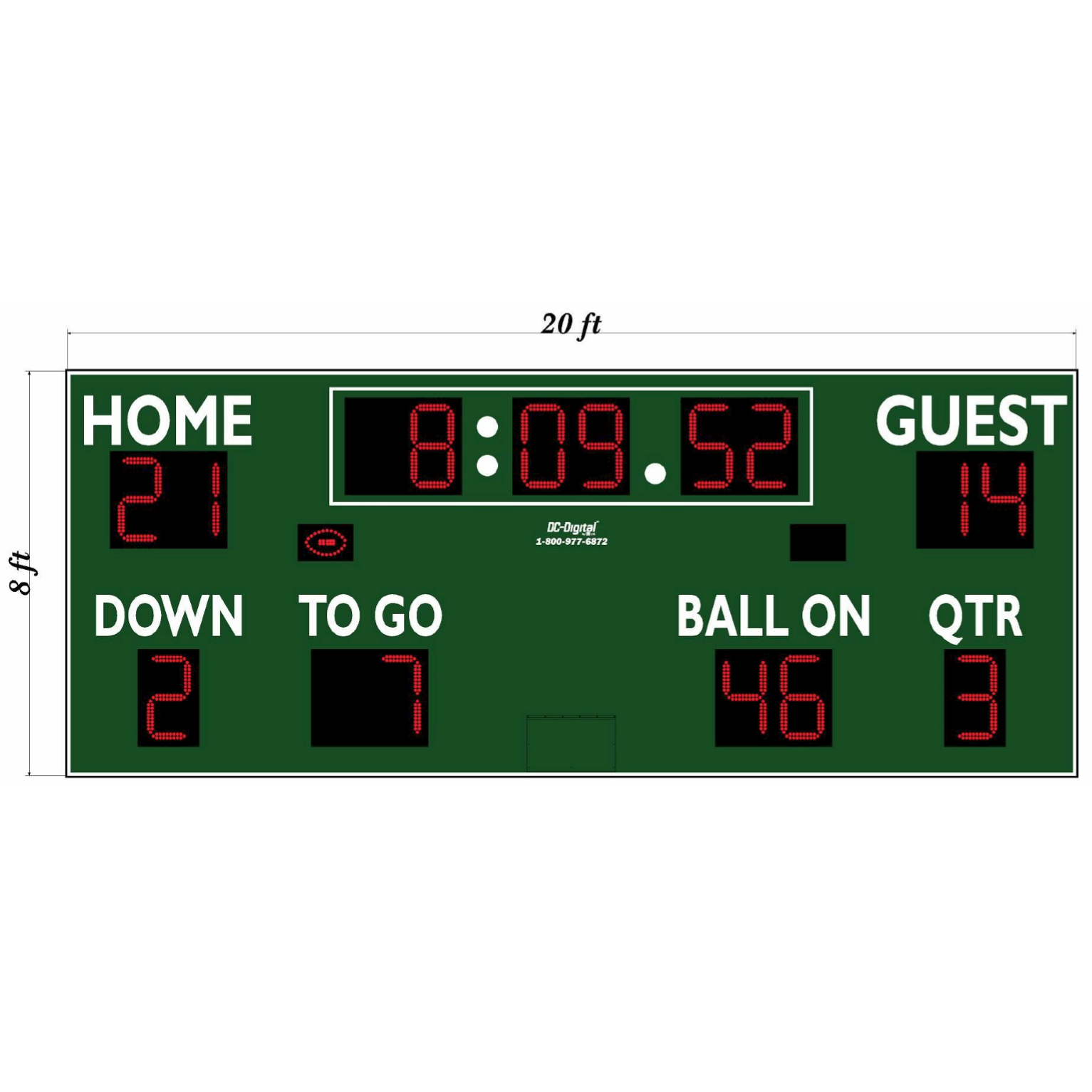 (DC-200TH-FTBL-20x8) Football-Soccer-Lacrosse LED Wireless Controlled Scoreboard